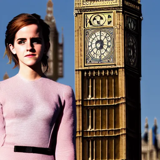 Prompt: Photograph of Emma Watson standing in front of Big Ben. Extremely detailed. Cinematic. 4K. Award winning photography.