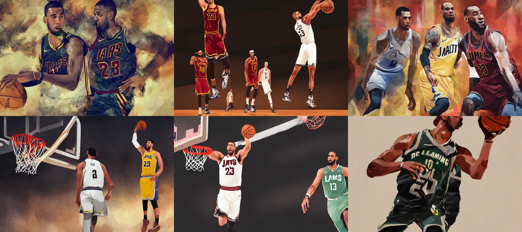 Prompt: a digital portrait painting of jason tatum nba player dunking a ball, lebron james blocking, low angle, wide shot by greg rutkowski, Christian Petersen, Ward Roberts, Richard James Daniels, Kevin Couliau, Charlie Lindsay, style from nba 2k22