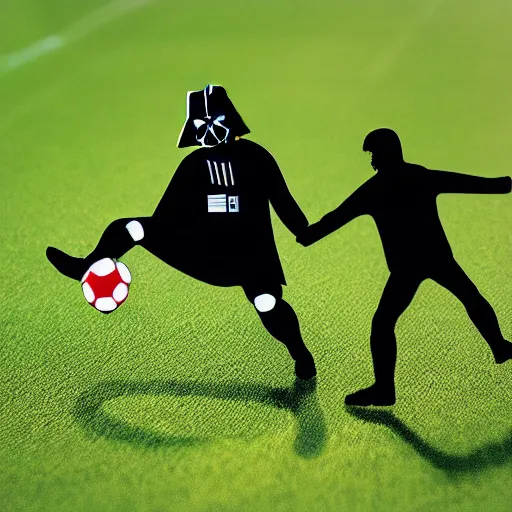 Image similar to a game of soccer with darth vader kicking the ball, highly detailed, extremely high quality, hd, 4 k, 8 k, canon 3 0 0 mm, professional photographer, 4 0 mp, lifelike, top - rated, award winning, realistic, detailed lighting, detailed shadows, sharp, no blur, edited, corrected, trending