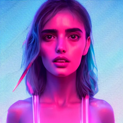 Image similar to ana de armas neon horns, detailed face, sharp focus, synthwave art, aesthetic, octane render, raw, cinematic