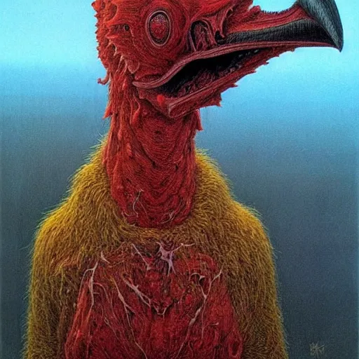 Prompt: big bird as a giant monster, creepy!!!, sharp teeth, gory, zdzisław beksinski, keith thompson, terrifying!!!