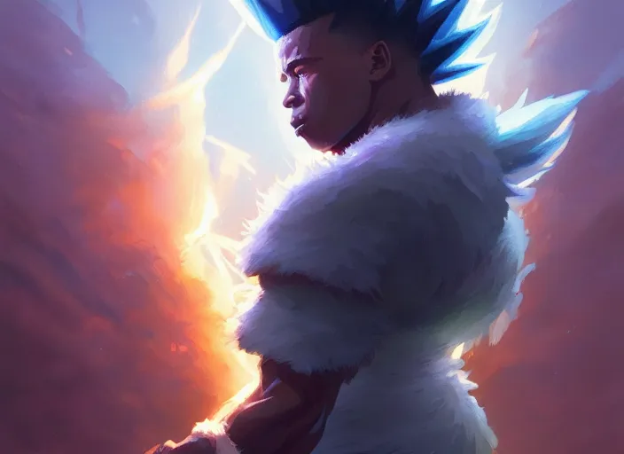 Image similar to highly detailed portrait of saquon barkley going super saiyan, unreal engine, fantasy art by greg rutkowski, loish, rhads, ferdinand knab, makoto shinkai and lois van baarle, ilya kuvshinov, rossdraws, tom bagshaw, global illumination, radiant light, detailed and intricate environment