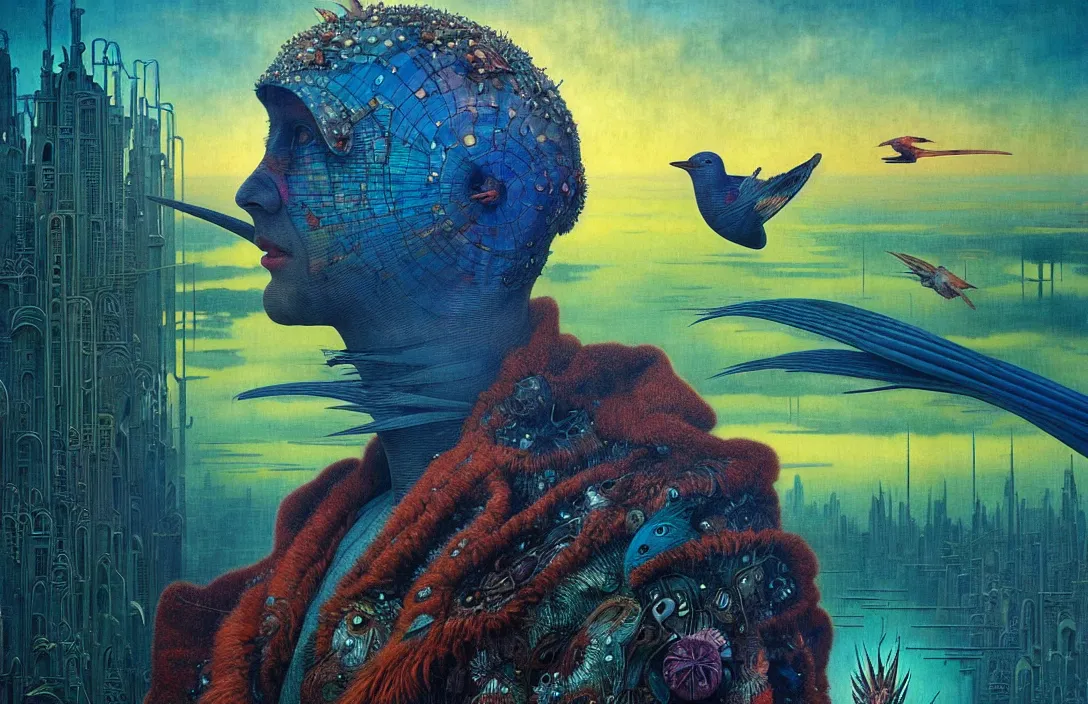 Prompt: realistic detailed portrait movie shot of a birdman wearing dark ragged robes, futuristic city sunset landscape background by denis villeneuve, amano, yves tanguy, alphonse mucha, ernst haeckel, max ernst, roger dean, masterpiece, deepdream, rich moody colours, bird head, blue eyes, hyperdetailed