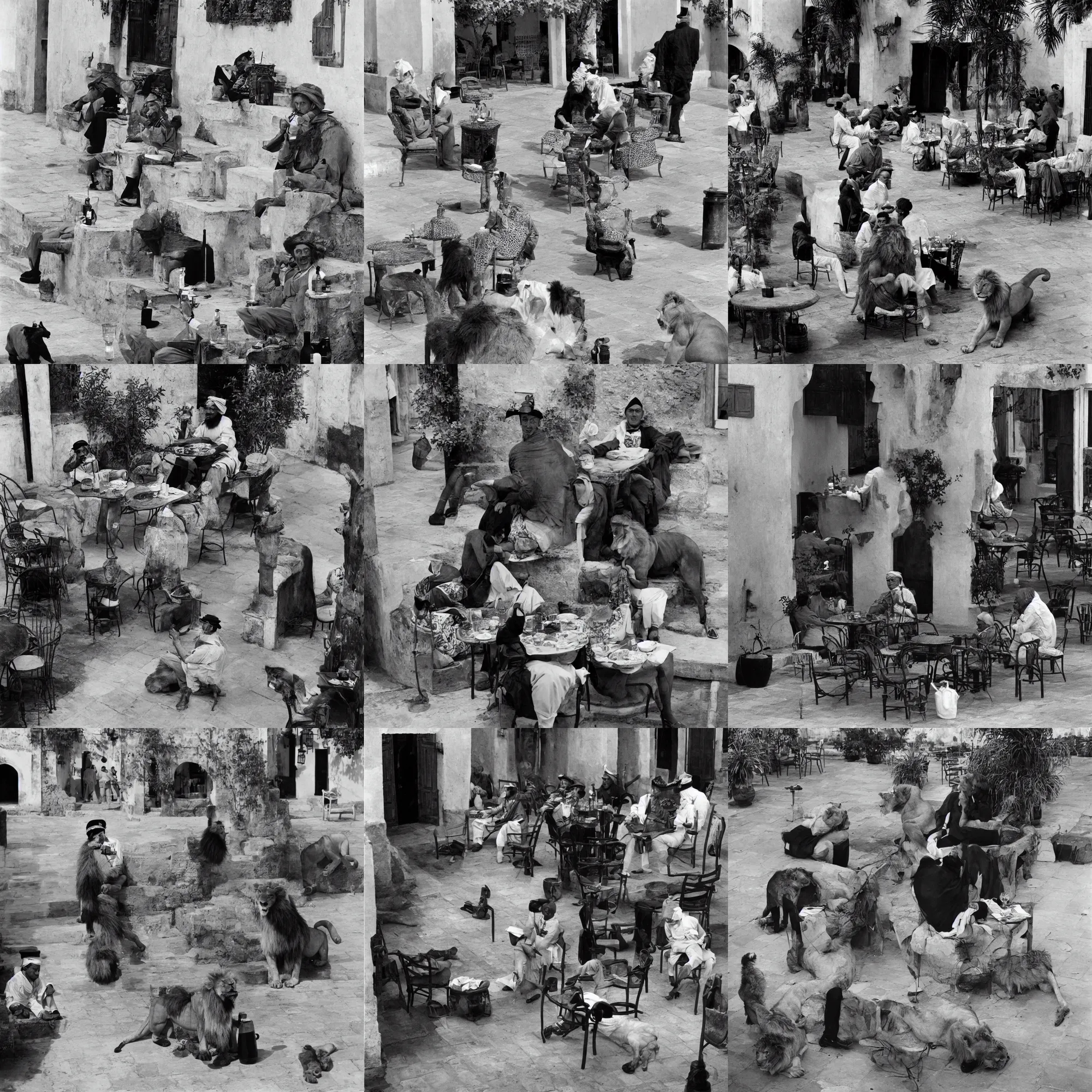 Prompt: A lion in colonial outfit, drinking at the terrace, in Rabat. Henry Cartier Bresson.