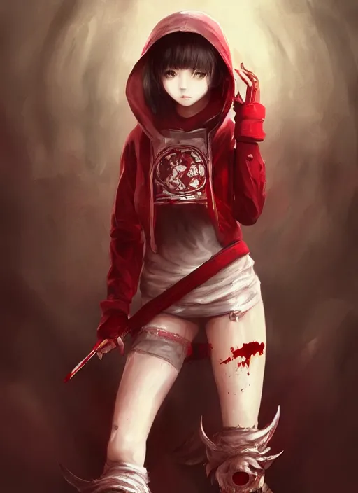 Image similar to a highly detailed illustration of short hair cute japanese girl wearing blood stained hoodie and bandages on legs, bright red eyes, dramatic sadistic berserk pose, intricate, elegant, highly detailed, centered, digital painting, artstation, concept art, smooth, sharp focus, league of legends concept art, WLOP