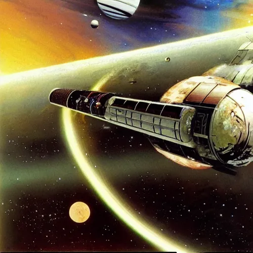 Image similar to abandoned beautiful space station floating in empty space, peter elson, chris foss, john berkey, tony roberts, jim burns, don davis