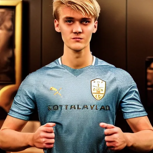 Image similar to a realistic detailed photo of a guy who is an attractive humanoid who is half robot and half humanoid, who is a male android, soccer player martin ødegaard, shiny skin, posing like a statue, blank stare, in a living room, on display, showing off his muscles, gold soccer shorts