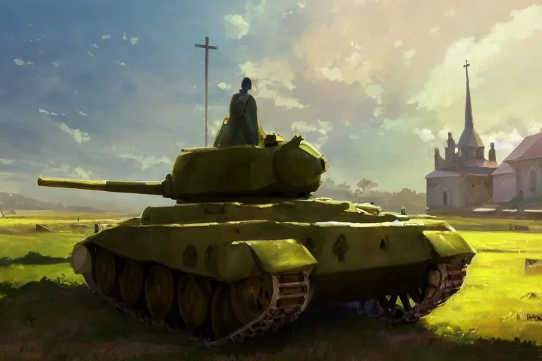 Image similar to a tank with a church as tower, scene in an open field. key visual, conceptart, ambient lighting, highly detailed, digital painting, artstation, concept art, sharp focus, by makoto shinkai and akihiko yoshida and greg manchess