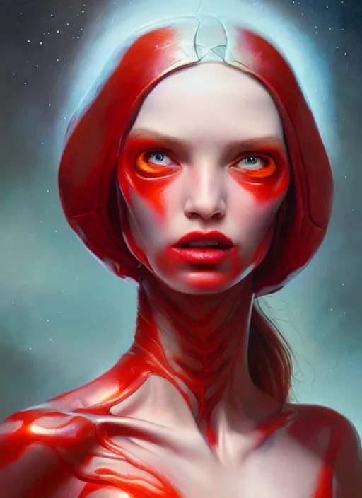 Prompt: a beautiful alien woman with red skin, painted by artgerm and tom bagshaw, fantasy art, dramatic lighting, highly detailed oil painting