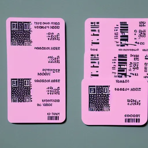 Image similar to a polaroid photo of tickets printed “ to the metaverse ” text, vector graphic design of pale pink airline tickets that read “ to the metaverse ” in bold text, alien ar code and e - ink display, highly detailed, no noise, coherent text english characters