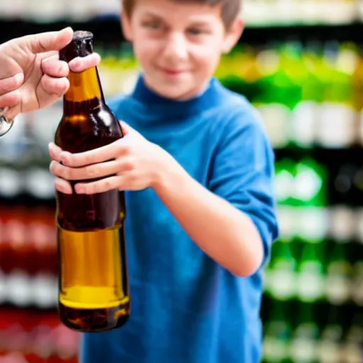 Prompt: boy hold beer bottle in the shop and the casier don't want to sell it to the kid.