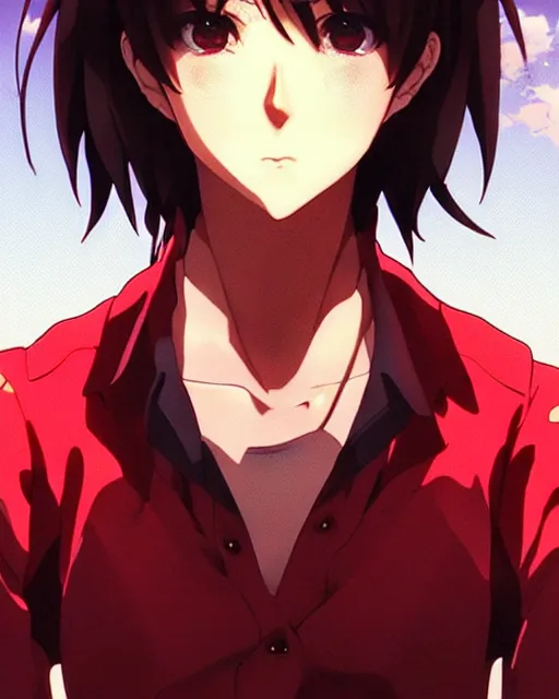 Image similar to makoto shinkai, artgerm, yoji shinkawa, ilya kuvshinov, beautiful anime woman, wearing full clothing, red shirt brown pants, clockpunk, black and red hair hair, symmetrical face, symmetrical eyes, full round face, short smile, detailed, summer setting, cinematic lighting