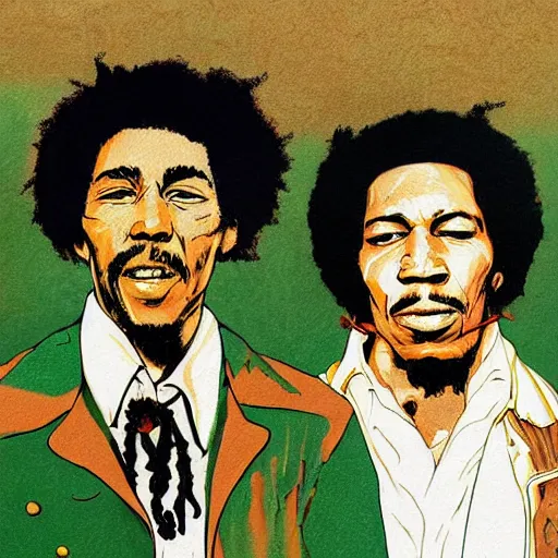 Prompt: Bob Marley and Jimi Hendrix smoking portrait, very detailed, Green Smoke, large white border, hd, high resolution print :1 Red, Gold and Green by Sachin Teng, trending on deviant art :1