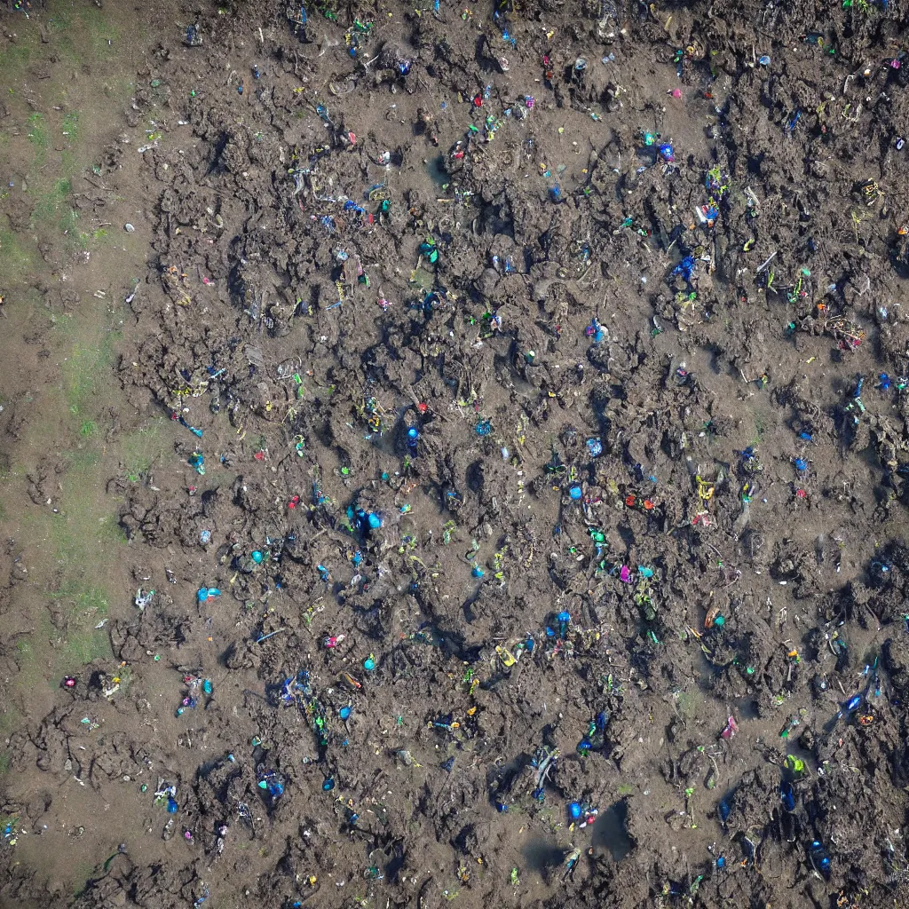 Prompt: an drone view of a mass grave in slimy mud with tangled bodies, datacenter computers and pipes in an iridescent oil slick