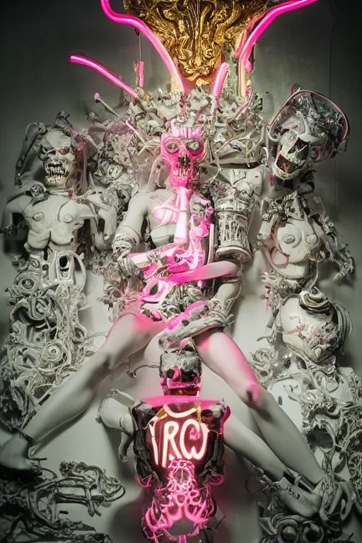 Image similar to full-body rococo and cyberpunk style neon statue of a young attractive portugues macho dotado android reclining sim roupa con piroca dura, glowing white laser eyes, prince crown of pink gears, diamonds, swirling silver-colored silk fabric. futuristic elements. full-length view. space robots. human skulls. intricate artwork by caravaggio. Trending on artstation, octane render, cinematic lighting from the right, hyper realism, octane render, 8k, depth of field, 3D