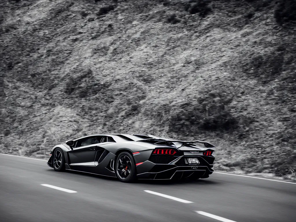 Image similar to a rear shot of a lamborghini aventador with lights on a mountain road, motion blur, 3 5 mm photography, car photography, clean lines, realistic