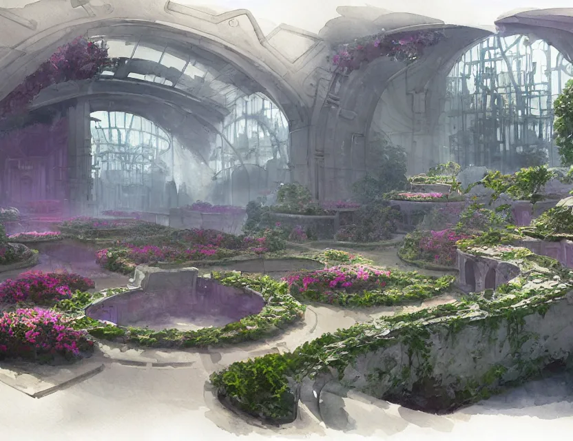 Image similar to french formal garden in a space fortress. this watercolor painting by the award - winning concept artist has cinematic lighting, an interesting color scheme and intricate details.