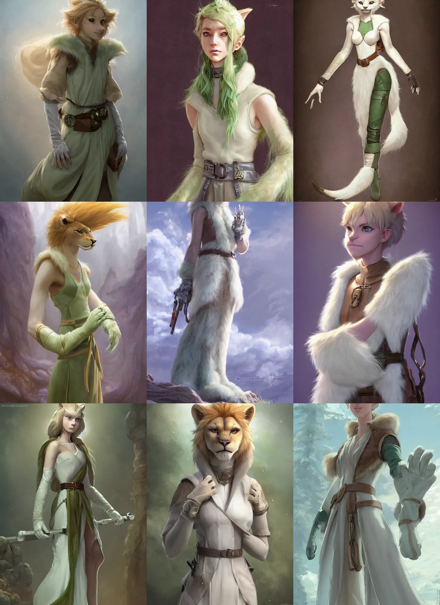 Prompt: beautiful portrait of a female anthropomorphic lioness princess fursona with pale fur wearing sleeveless pale - white and pale - green jedi robes. leather gloves. leather boots. leather belt. character design by charlie bowater, ross tran, artgerm, and makoto shinkai, detailed, soft lighting, rendered in octane