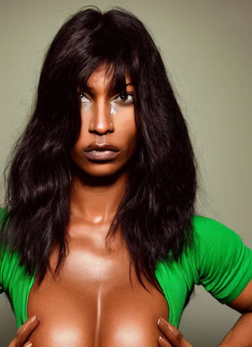 Prompt: a photo portrait of a very muscular woman with dark green hair and dark skin by terry richardson, sharp focus.