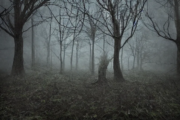 Prompt: giger borg ruins over run with forest, crazy twisted twisting spooky trees wrapping branches, bleeding mist fog midnight colors!, giger background liminal void, digital art, cinematic lighting, realistic, award winning photograph, various refining methods, micro macro autofocus