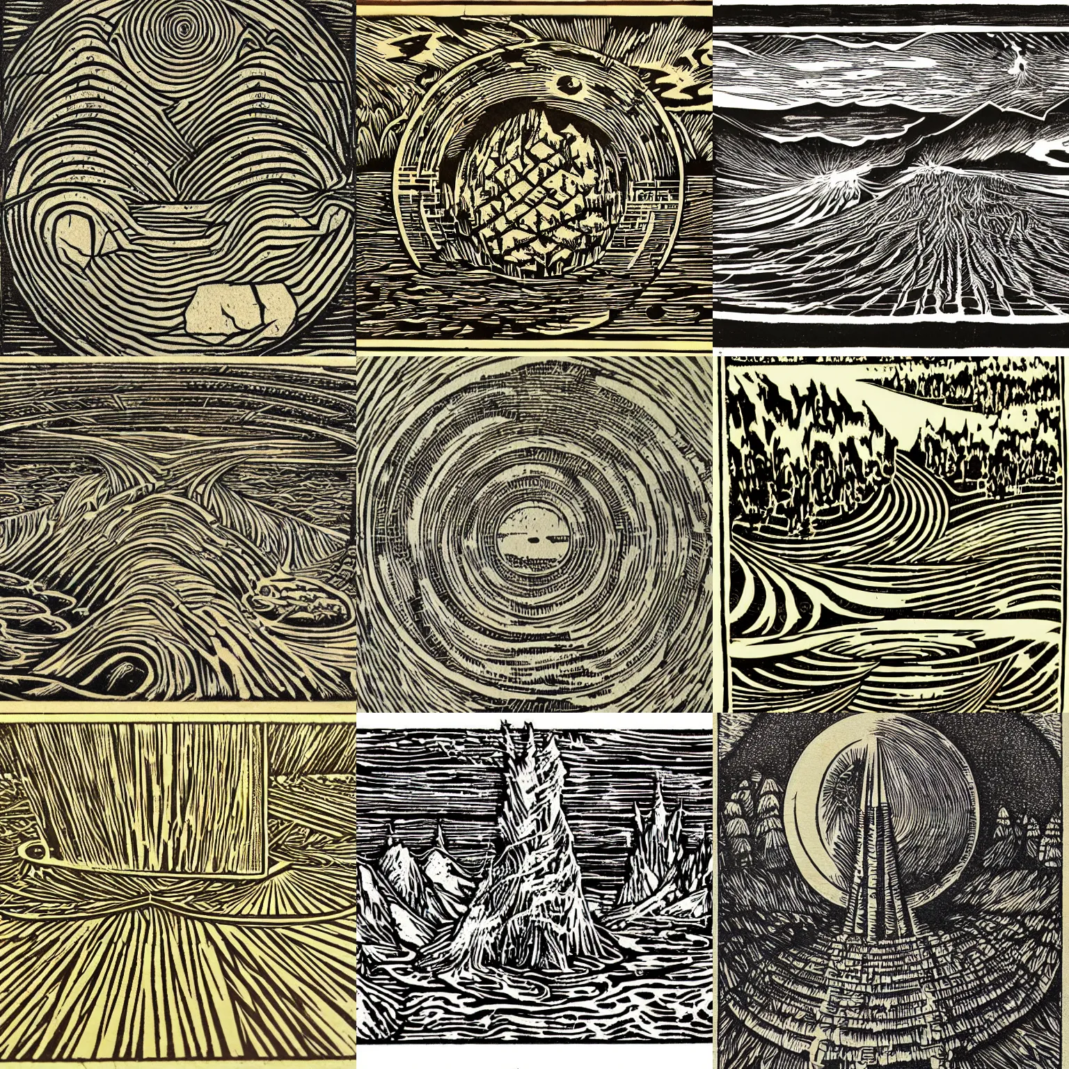 Prompt: woodcut art the foundations of earth