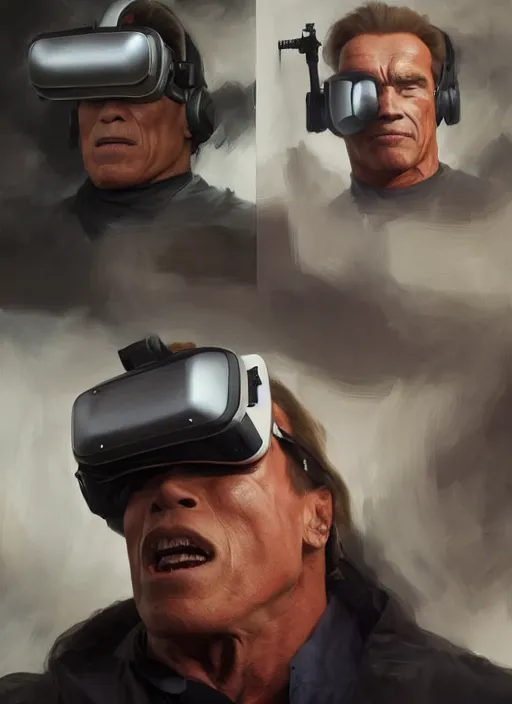 Image similar to Arnold Schwarzenegger as thufir hawat, human computer, VR headset, digital art from artstation by Ruan Jia and Mandy Jurgens and Artgerm and william-adolphe bouguereau