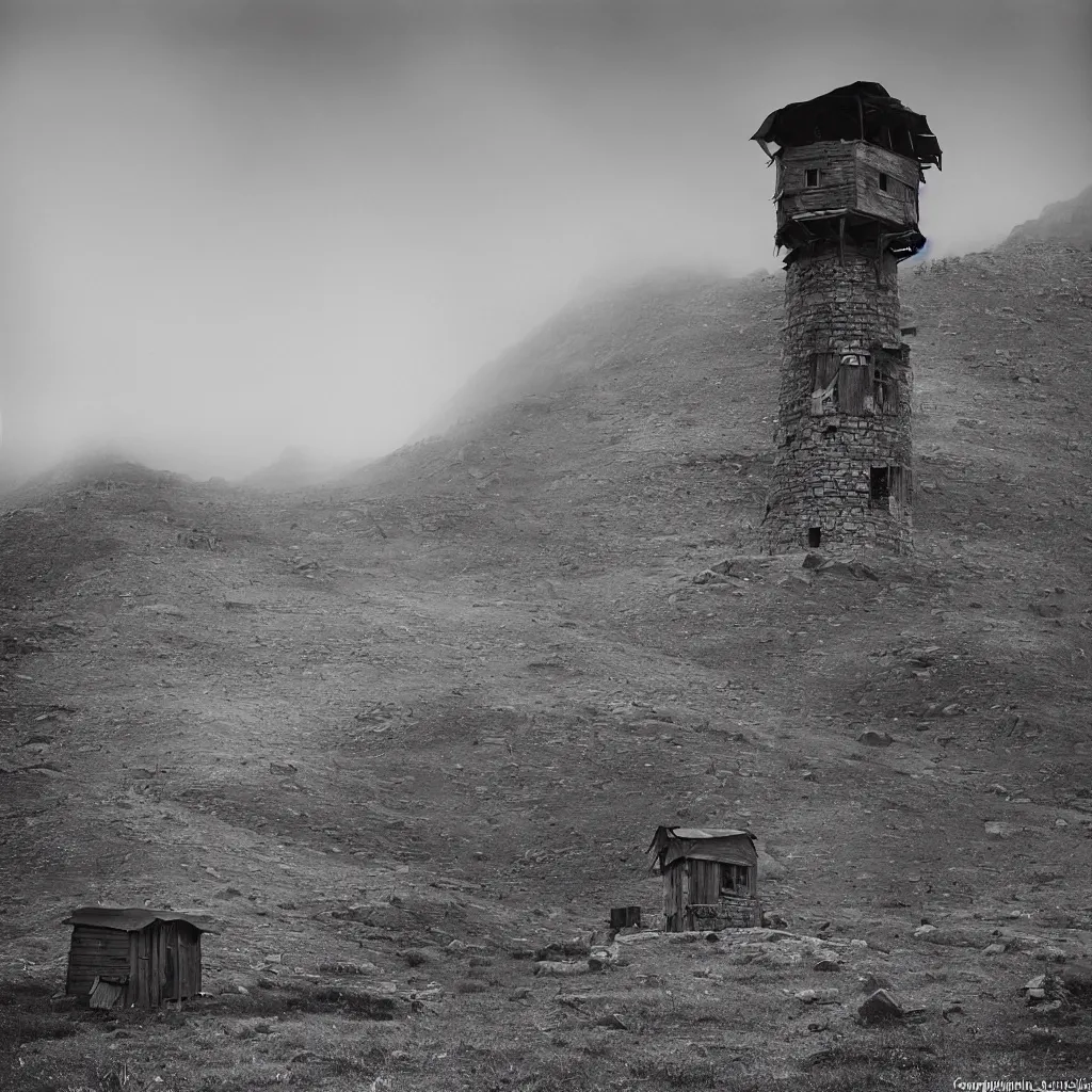 Prompt: one round tower, made up of makeshift squatter shacks in a vast mountain landscape, misty, dystopia, mamiya rb 6 7, fully frontal view, very detailed, photographed by ansel adams