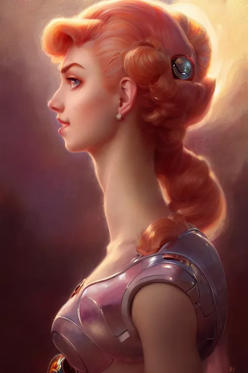 Image similar to cyborg princess peach profile picture by Margaret Keane, dynamic pose, intricate, futuristic, fantasy, elegant, by Stanley Artgerm Lau, greg rutkowski, thomas kindkade, alphonse mucha, loish, norman Rockwell,