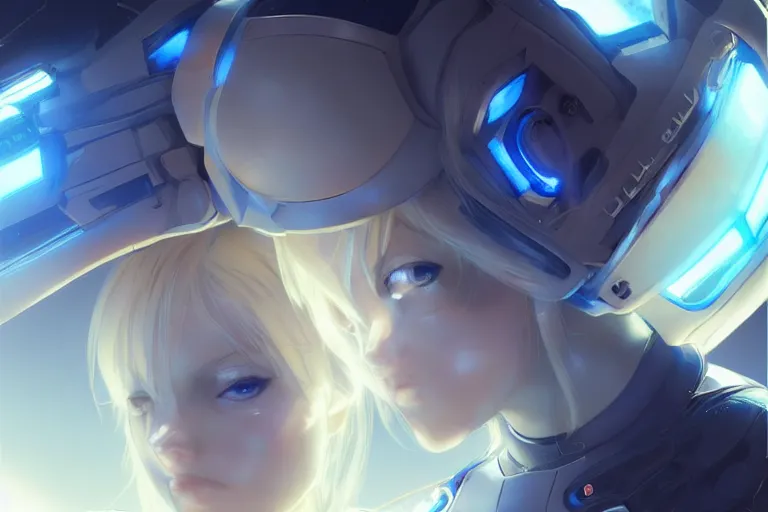 Image similar to blue eyed blonde anime girls in futuristic spacesuit, volumetric lighting, glowing lights, 4k, octane, digital painting, artstation, concept art, sharp focus, illustration, art by artgerm and greg rutkowski and alphonse mucha