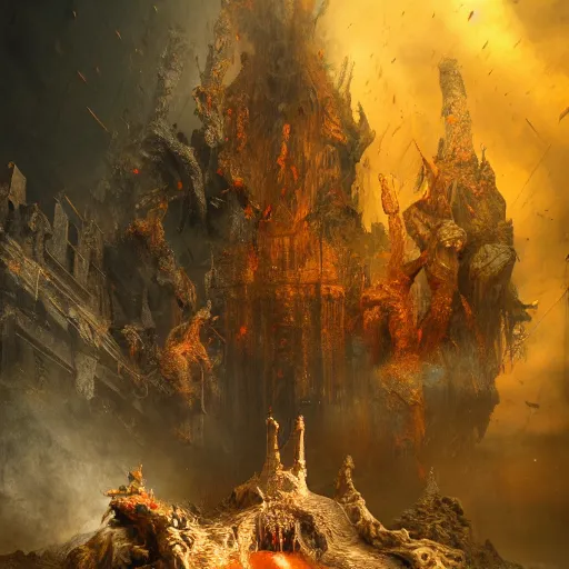 Image similar to full body pose, hyperrealistic mixed media painting of hell, dim volumetric lighting, 8 k, octane beautifully detailed render, extremely hyper detailed, intricate, epic composition, cinematic lighting, masterpiece, trending on artstation, very very detailed, masterpiece, stunning, hdr, smooth, sharp focus, high resolution, award, winning photo, dslr, 5 0 mm