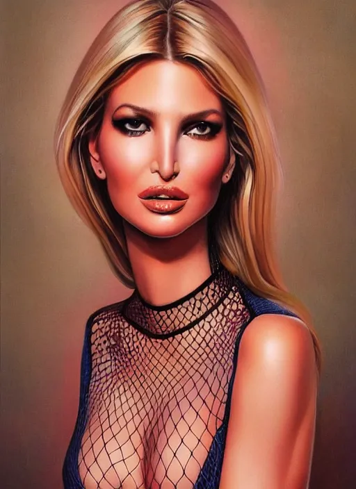 Image similar to a beautiful supermodel looks like ivanka trump, wearing a fishnet bodysuit painting by boris vallejo and julie bell, full body portrait, hyper realistic, hd, intricate, soft lighting, elegant, character design, concept art, cinematic lighting