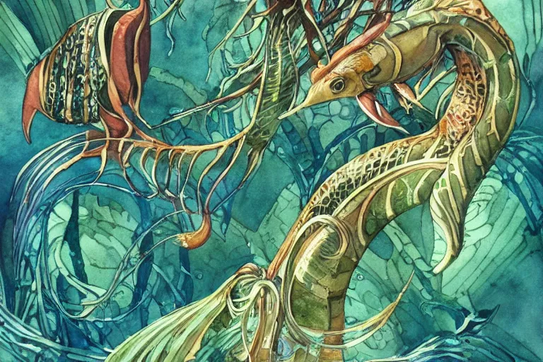 Prompt: watercolor artwork of exotic, elegant underwater tropical prints of the creatures of atlantis : : green, art nouveau, trending on artstation