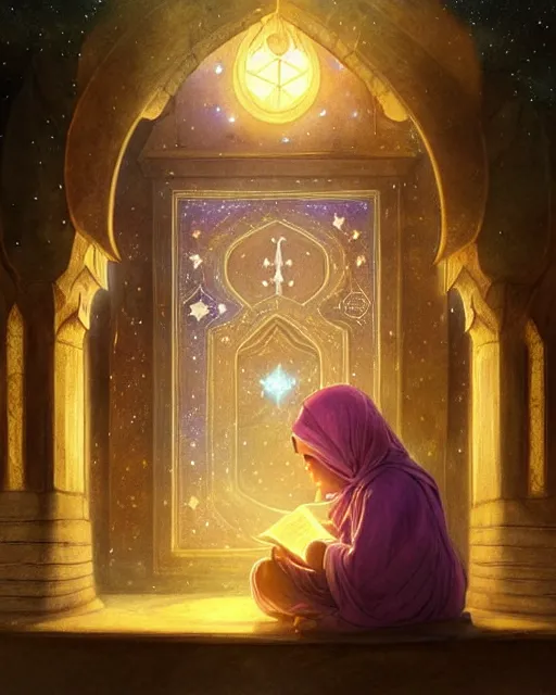 Image similar to bedouin child reading the quran inside of the mosque in the galaxy surrounded by nebula, highly detailed, gold filigree, romantic storybook fantasy, soft cinematic lighting, award, disney concept art watercolor illustration by mandy jurgens and alphonse mucha and alena aenami, pastel color palette, featured on artstation