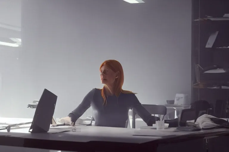 Image similar to award winning shot of pepper potts, ceo of stark industries, sinks into her chair, desolate, her once - spotless office now covered in dust. she sobs. screenshot from the mcu, ambient lighting, 8 k, as played by gwyneth paltrow