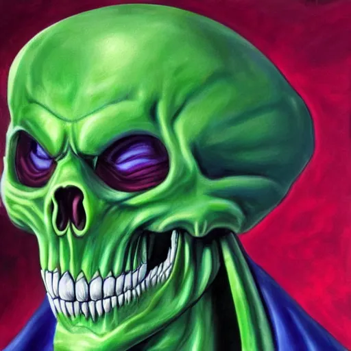 Prompt: ultra realistic portrait painting of skeletor as piccolo, art by akira toriyama, 4 k, ultra realistic, highly detailed, epic lighting