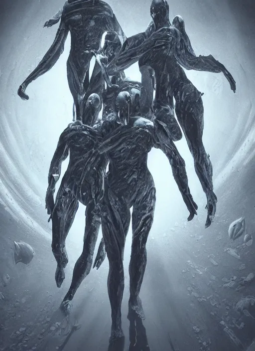 Image similar to astronauts in dark and empty void underwater - complex and hyperdetailed technical suit. reflection and dispersion materials. rays and dispersion of light. volumetric light. 5 0 mm, f / 3 2. noise film photo. flash photography. ultra realistic, wide angle. poster by wayne barlowe, hajime sorayama aaron horkey, craig mullins