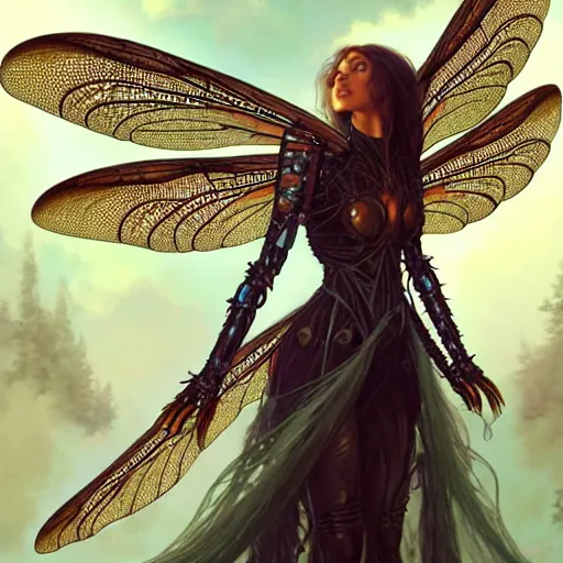 Prompt: photo of a humanoid dragonfly hybrid were a heroic dress an armour with dragonfly wings in the forest, long hair, highly detailed, digital painting, artstation, smooth, sharp focus, illustration, art by artgerm and greg rutkowski and alphonse mucha