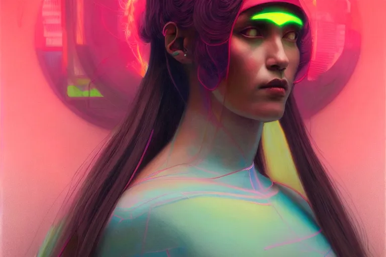 Image similar to patron saint of 🛸🌈👩🏾, futuristic clothing, neon god of city character portrait, in the style of moebius, tom bagshaw, and waterhouse, cinematic lighting, beautiful, elegant, oil painting,