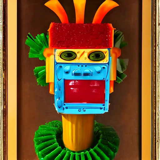 Image similar to a vintage robot head made out of jello aspic salad by giuseppe arcimboldo, oil on canvas