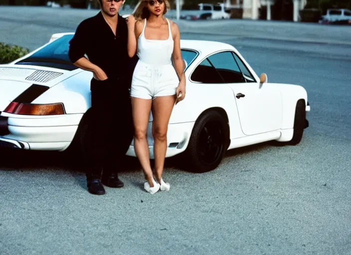 Image similar to color photo of a cool handsome photomodel with arms crossed leaning against a white porsche 9 1 1 in the 8 0's. girl beside him