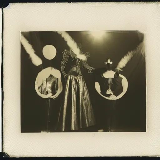 Prompt: polaroid of a surreal artsy dream scene, weird costumes, circus, double exposure