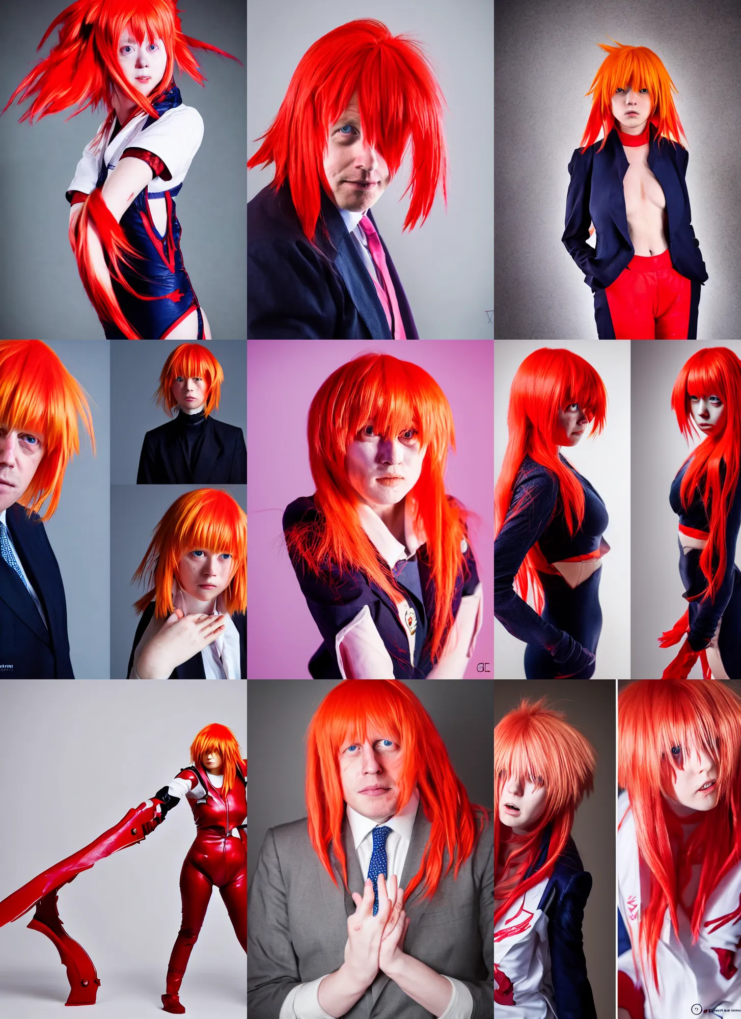 Prompt: boris johnson cosplaying as asuka langley, studio lighting, portrait photography, high quality, detailed, sigma 8 5 mm