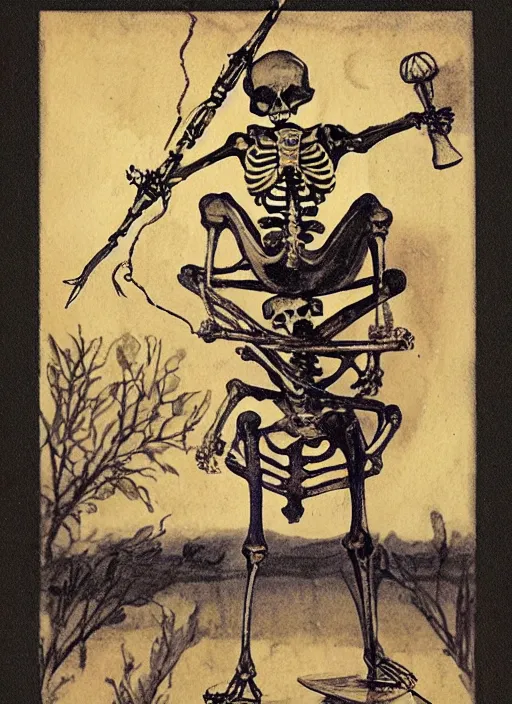Prompt: tarot card featuring a skeleton holding a bong, rider - waite, by pamela colman smith
