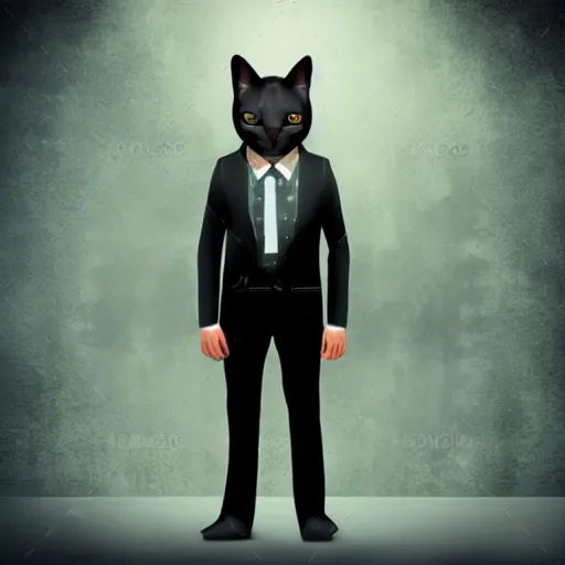 Image similar to darksynth portrait anthropomorphic cat, wearing black business suit, post apocalyptic cinematic photorealistic background, still