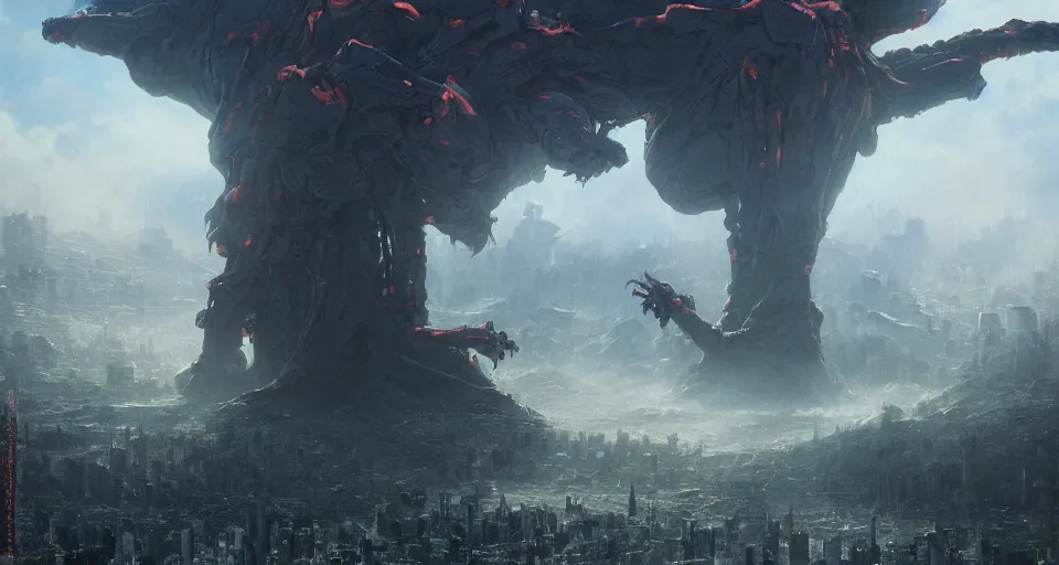 Image similar to realistic landscape beautiful detailed matte painting of cinematic movie scene, evangelion versus kaiju in tokyo. action horror, created by gustave dore and greg rutkowski, high detailed, smooth draw, synthwave neon retrofuturism, intricate, realistic proportions, dramatic lighting, trending on artstation.