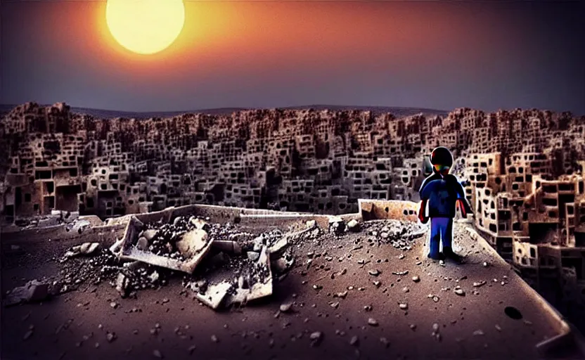 Prompt: “little boy figure lost, epic view of Hummus in Syria in destruction, evening time clear sky, sad atmosphere, ruins, heartbreaking landscape, hyperdetailed, hyperrealism, trending on artstation, award winning photograph, photorealistic, 8k, concept art, cinematographic, uhd, epic lighting”