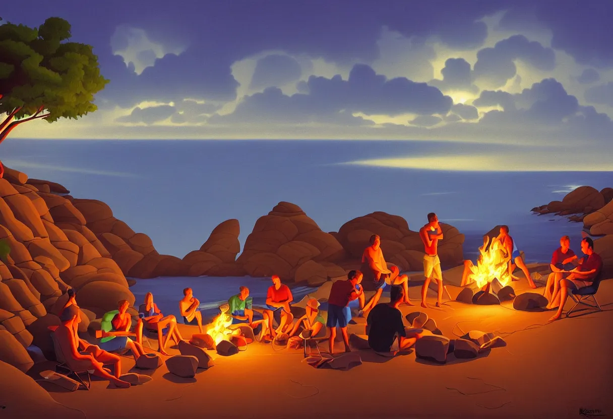 Prompt: friends gathered around a campfire on the beach at an isolated seaside cove, scattered rock formations, during summer, dusk lighting, late afternoon storm with lightning, painting by kenton nelson
