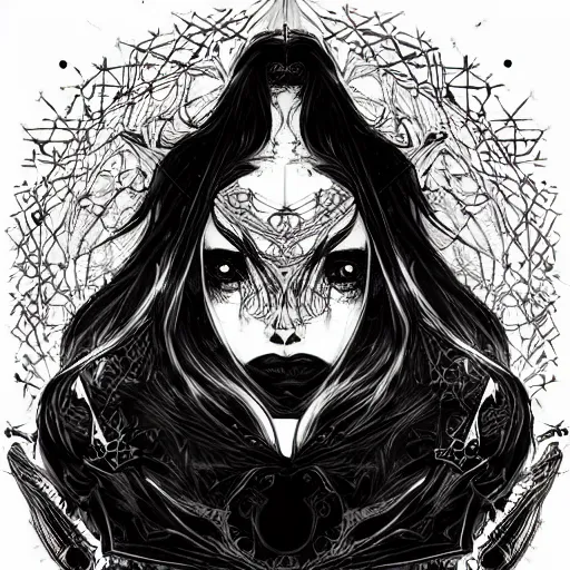 Prompt: shadowy pitch-black void occultist, gnostic sigils, ars goetia, heroine, beautiful symmetrical portrait, intricate complexity, rule of thirds, in the style of Artgerm and Kazuki Tanahashi, character concept