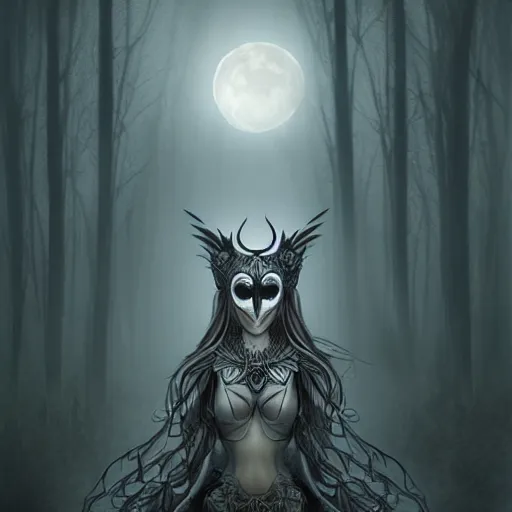 Image similar to goddess of owls, humanoid, hooded, masked, feathered robes, ritual in a forest, devouring, dark, moody, fog, foreboding, lord of the night and moon shadowconcept art