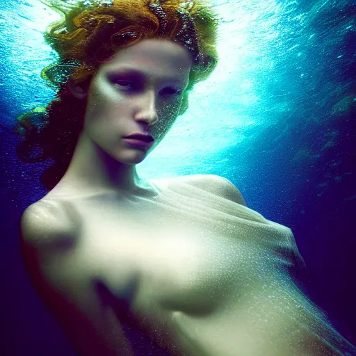 Prompt: photographic portrait of a stunningly beautiful siren renaissance female, underwater in neptunes palace, caustics, in soft dreamy light, contemporary fashion shoot, by edward robert hughes, annie leibovitz and steve mccurry, david lazar, jimmy nelsson, extremely detailed, breathtaking, hyperrealistic, perfect face, octane render